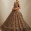PrettySoftNetSequenceZariEmbroideryWorkBrownLehenga