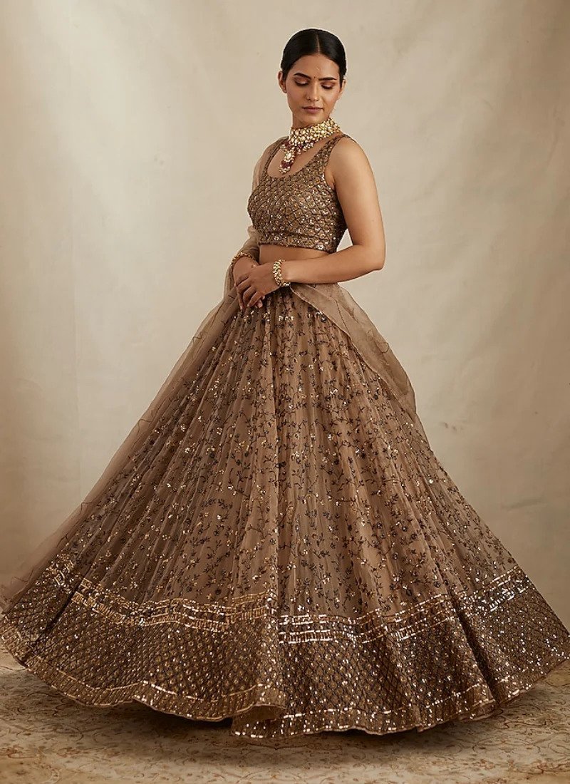 PrettySoftNetSequenceZariEmbroideryWorkBrownLehenga